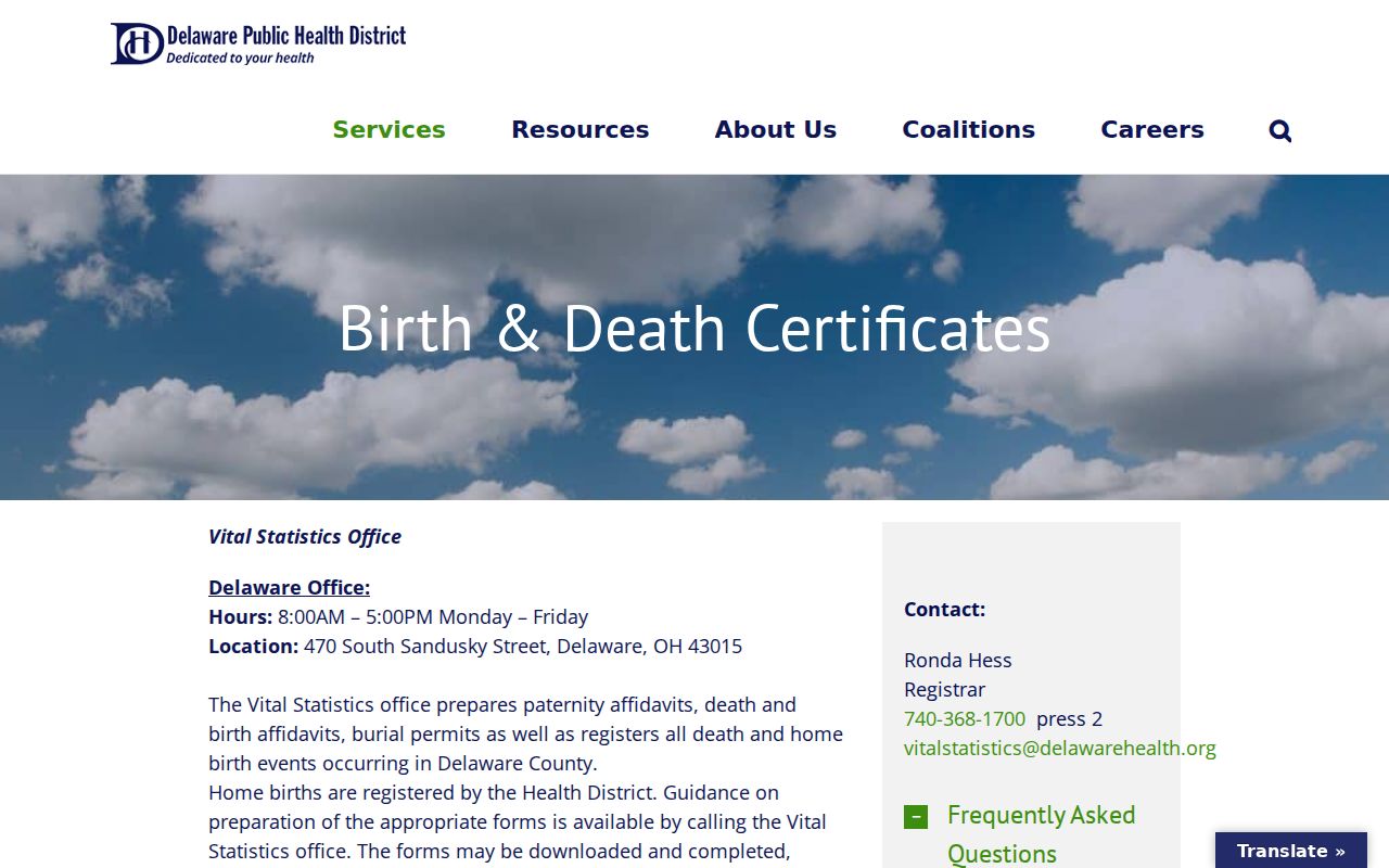 Orange Township neighbors Delaware Public Health District vital certificate ordering page