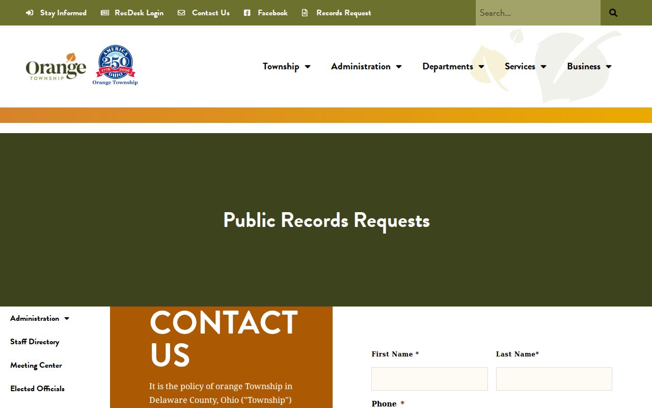 Orange Township residents directory public records request page