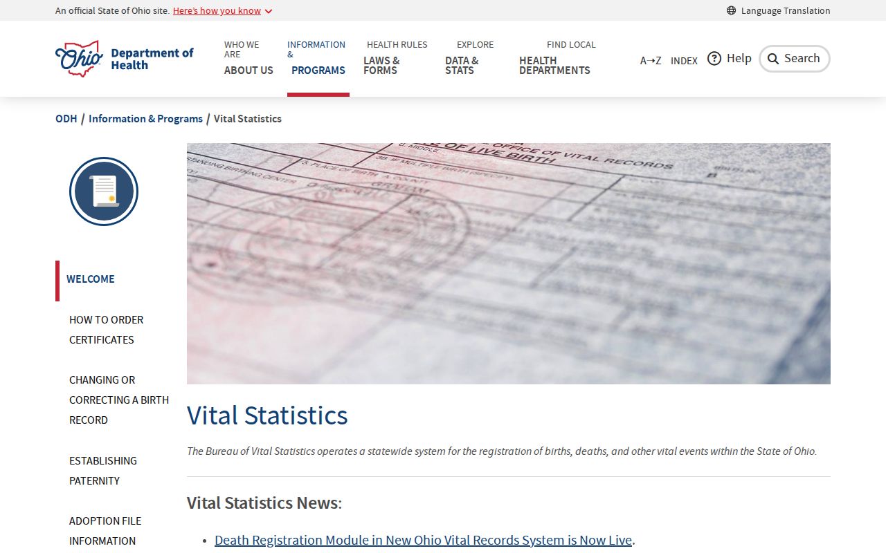 Orange Township resident lookup using the Ohio vital-records ordering page